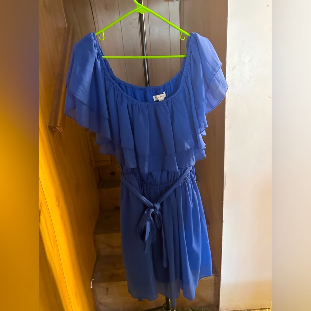 Blue dress with ruffled collar and belt . Knee length solid blue